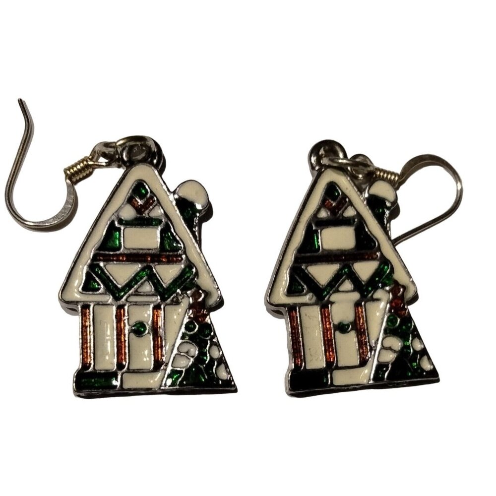 House Christmas Tree Earrings Home Dangle Drop Hook Silver Vintage Enamel